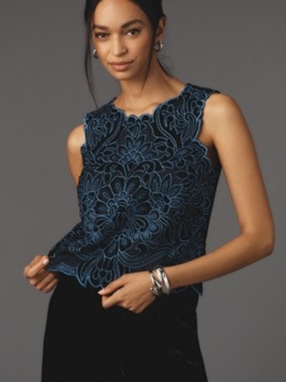 Lainie High-Neck Lace Cutwork Sleeveless Velvet Blouse